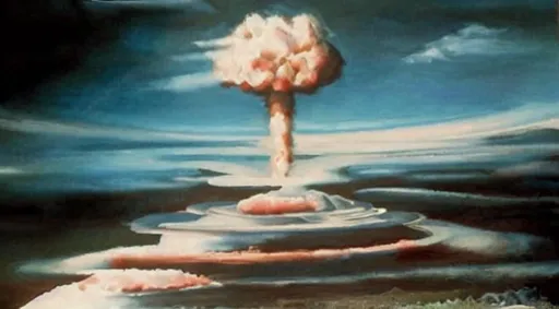 Prompt: mushroom cloud, Art Deco painting, realistic 