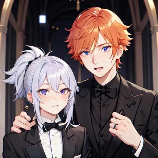 Prompt: Erikku 1male (short fluffy ginger hair, freckles, right eye blue, left eye purple) wearing a black suit at a wedding