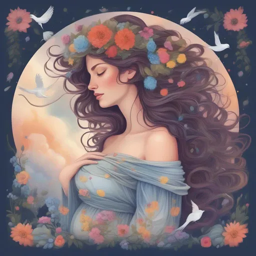 Prompt: A colourful and beautiful Persephone, flowers and gems in her hair and her hair is made of clouds. She is pregnant and lovingly cradling her belly. In a beautiful flowing dress made of wildflowers. Surrounded by birds and clouds. Framed by a nighttime sky of clouds. in a painted style