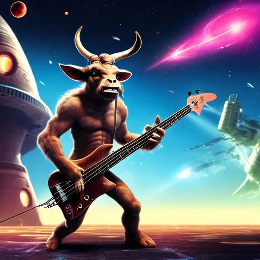 Prompt: Minotaur playing bass guitar in a busy spaceport, widescreen, infinity vanishing point, galaxy background