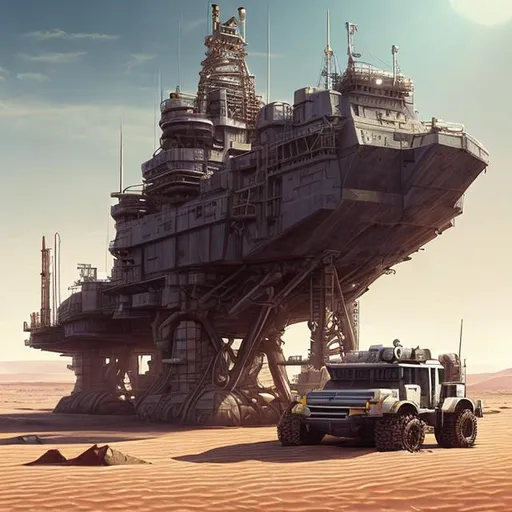 Prompt: desert, ship, tracked, oil rig, mobile, huge, scifi