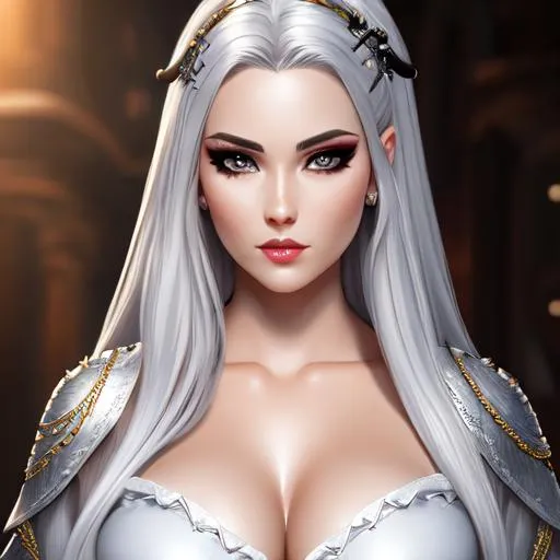 Prompt: full body, hyper realistic detailed image of a woman, pirate outfit, perfect body, beautiful face, professional makeup, feminine features, silver hair, pale skin, highly detailed, digital painting, HD quality, 8k, studio lighting