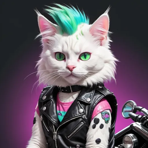 Prompt: Rebel male White cat with gray spots and colourful long mohawk wearing black motorcycle vest, punk style, green purple pink turquoise pallet, cartoon, cool, outer space, magic, realistic cartoon, cute animal