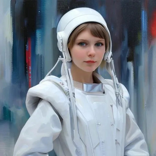 Prompt: Russian girl with White futuristic clothes realistic oil paint        