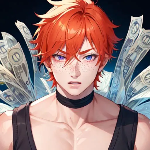 Prompt: Erikku male (short ginger hair, freckles, right eye blue left eye purple) muscular, UHD, 8K, Highly detailed, insane detail, best quality, high quality.  holding stacks of dollar bills, wearing clothes