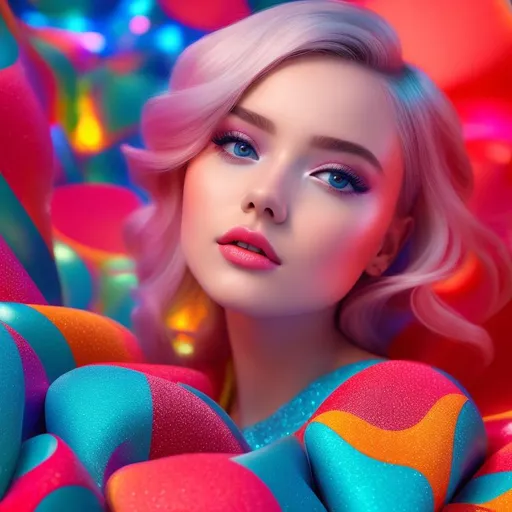 Prompt: (((symmetrical face))) (((Beautiful))) (((Blonde))) (((cutie))) (((petite))) (((perfect makeup))) a girl sitting around in front of bright lights, in the style of red and azure, hyper-realistic pop, close-up intensity, celebrity photography, colorful animations, uhd image, wavy resin sheets, Shot on a Fujifilm X-T4 using settings from a Sony FE 85mm f/1. 4 GM –ar 51:91 –q 2 –s 750 –style raw –v 5.1