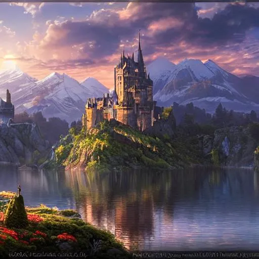 Prompt: A beautiful realistic detailed castle, soft sunrise lighting, John Howe, Andreas Rocha, unreal engine, popular on artstation, ultrawide angle, f16, polarizer filter,  8k, realistic, colorful, with a beautiful lake shining from the sun next to the mysterious castle