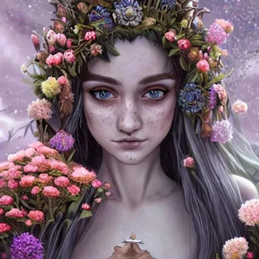 Prompt: ((best quality)), ((masterpiece)), ((realistic)), (detailed), portrait, close up, young female fantasy mage, freckles, grey eyes, wearing dress made of flowers, highly detailed skin, looking at the viewer, cyberpunk art, stunning gradient colors, no watermark signature, detailed background, field, flowers, elven queen, fantasy, lord of the rings ((masterpiece)), absurdres, HDR