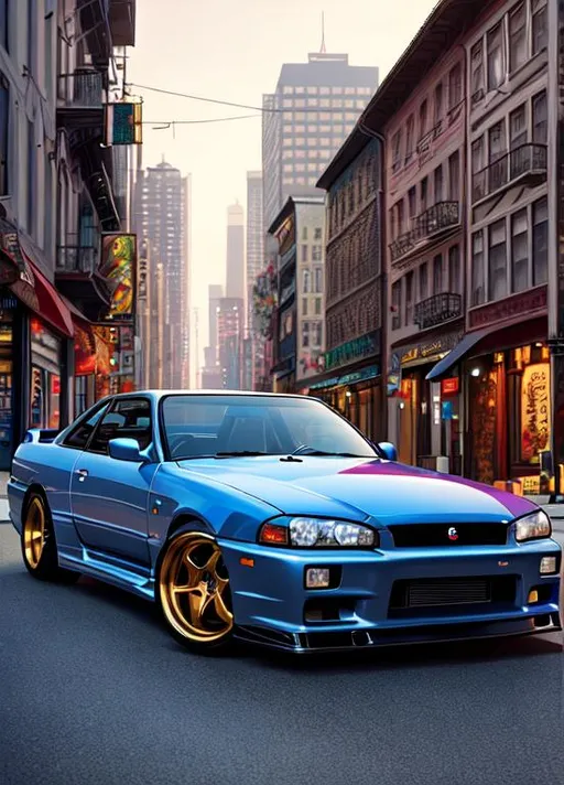 Prompt: RAW photography, 2001 Nissan Skyline R34, | ultra-fine details, cinematic lighting, 4k | oil painting illustration, digital painting, scenic, wlop, artgerm, vastly ornate detailed background, vibrant colors, very busy street