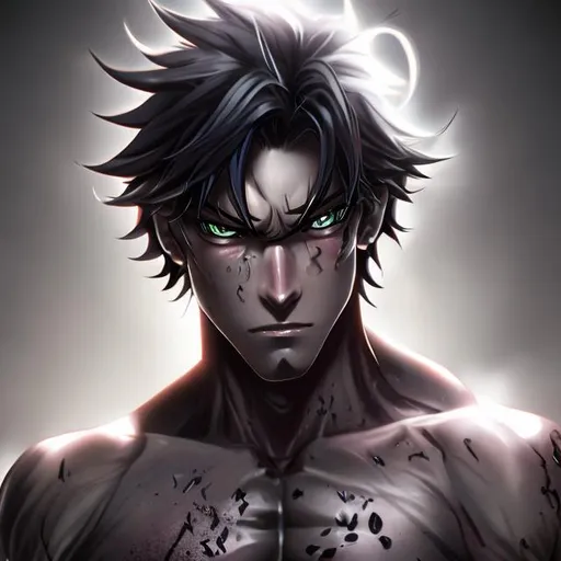 Prompt: Anime male (black side-swept hair covering his right eye) muscular, UHD, 8K, Highly detailed, insane detail, best quality, high quality.