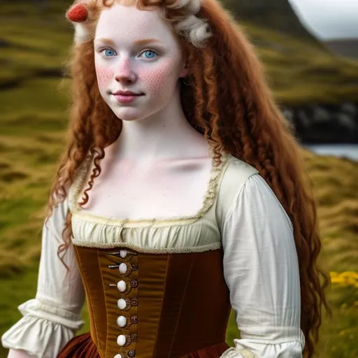 Prompt: Lass from scotland in 18th century,red curly long hair with yellow brown eyes, pale skin, with freckes, landscape scotland
Dressed with 1755 gown chubby face
 