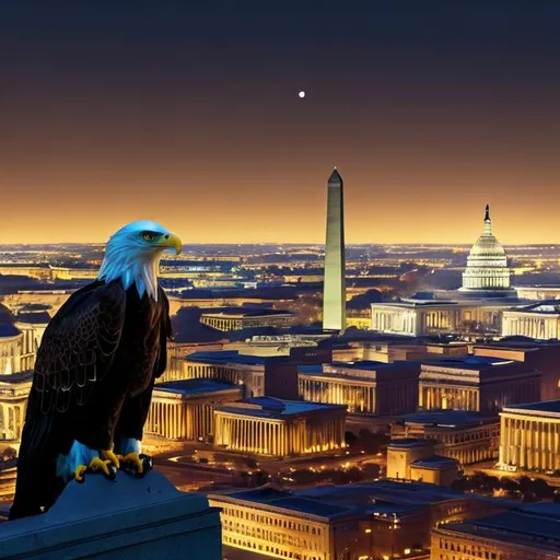 Prompt: Eagle overlooking washington dc skyline in photorealism style, dusk sky, subtle warm lighting, high quality, detailed feathers, photorealistic, symbolic, iconic landmark, grand scale, majestic, monument, historical, patriotic, American symbol, precise lines, realistic textures, monumental architecture, national pride, impressive silhouette, significant, national monument, powerful, impressive, photorealistic lighting