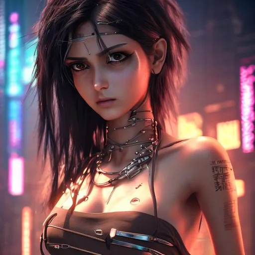 Prompt: 4k high resolution cgi anime cyberpunk style, 28 year old petite indian female, bare belly and low cut halter top, 34c chest, light brown eyes, holding a dagger in a cybernetic hand