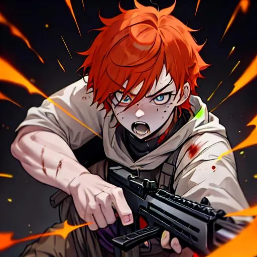 Prompt: Erikku male adult (short ginger hair, freckles, right eye blue left eye purple) UHD, 8K, Highly detailed, insane detail, best quality, high quality, covered in blood,  anime style, fighting with a shotgun