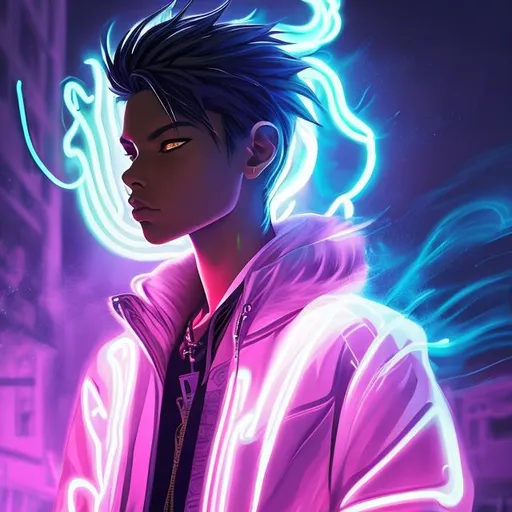 Prompt: neon punk male. mysterious man. insanely beautiful. perfect anatomy. symmetrically perfect face. amber eyes. hyper realistic. super detailed. soft colours. no extra limbs or hands or fingers or legs or arms. standing on the street. smooth texture. realism. smoke effects. full body. 