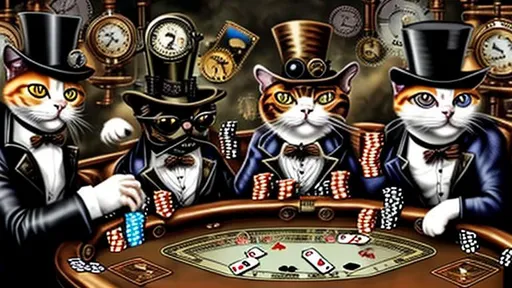 Prompt: steampunk Cats and dogs playing poker