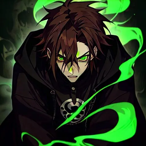 Prompt: Anime illustration of a 30-year-old male in a black hoodie with long dark brown hair and green eyes, gothic punk themed, in a haunted house with ghostly apparitions, detailed eyes, yokai, anime, gothic punk, haunted house, detailed hair, green eyes, male, atmospheric lighting