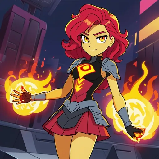 Prompt: cyberpunk equestria girls sunset shimmer wearing a skirt and armor and wielding fire magic