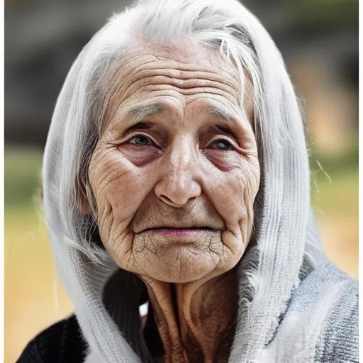 Prompt: 
Old woman portrait with white hair