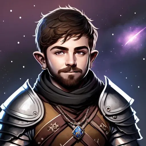 Prompt: A  D&D male halfling dressed in half plate armor with a tattered black scarf wrapped around their neck, with a stubble beard, with small necklace, nebula in the background

