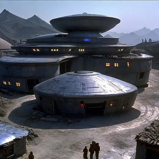 Prompt: One shiny and futuristic building in a squalid village, in the style of Star Trek. {Star Trek: The Next Generation}