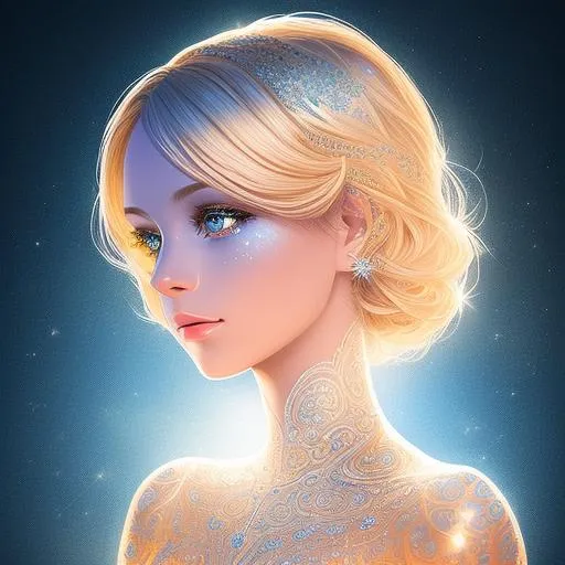 Prompt: filigree, tiny glowing silver particles, filigree outlines, portrait of a beautiful blonde woman, glittery iridescent lines, glowing ink,  stunning composition, filigree blue detail, ethereal, super sharp silhouette art,  shinning glow by juliana joseph