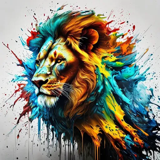 Prompt: : Splash art, lion ((white background)), roaring, epic Instagram, artstation, splash style of colorful paint, contour, hyperdetailed intricately detailed, unreal engine, fantastical, intricate detail, splash screen, bright mixture of colors, fantasy concept art, 8k resolution, DeviantArt masterpiece, oil painting, heavy strokes, paint dripping, paint splattered all around the lion, splash painting, splash arts, design for t-shirt