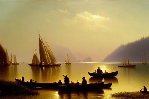 Prompt: fine art, oil painting by Albert Bierstadt, "Puget Sound on the Pacific Coast", realistic, brush texture, canoes, boats, people on the beach, natural ripples on water, small shore waves, boats in motion, ripples around boats

