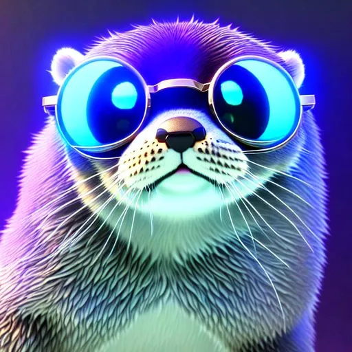 Prompt: 3d fluffy Otter, closeup cute and adorable, cute big circular reflective eyes, long fuzzy fur, Pixar render, unreal engine cinematic smooth, intricate detail, cinematic, blue fur bright and dark, glasses, nerdy, techy, big eyes, intelligent, dark tech background, hyper-detailed eyes