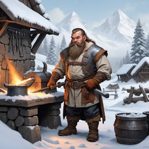 Prompt: male dwarf blacksmith fantasy in snowy landscape