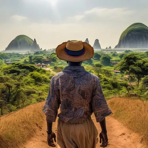 Prompt: the image is of a person looking at several paths in front of him leading to a landscape. The landscape contains 4 iconic natural landmarks of nigeria. We notice that the person is wearing a straw hat and is a wanderer.
