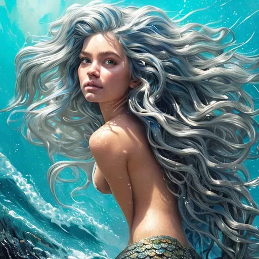 Prompt: Portrait of {beautiful mermaid} with {long blue and silver streaked wavy} hair and with cute face, {tropical beach background}, perfect composition, hyperrealistic, super detailed, 8k, high quality, trending art, trending on artstation, sharp focus, studio photo, intricate details, highly detailed, by greg rutkowski