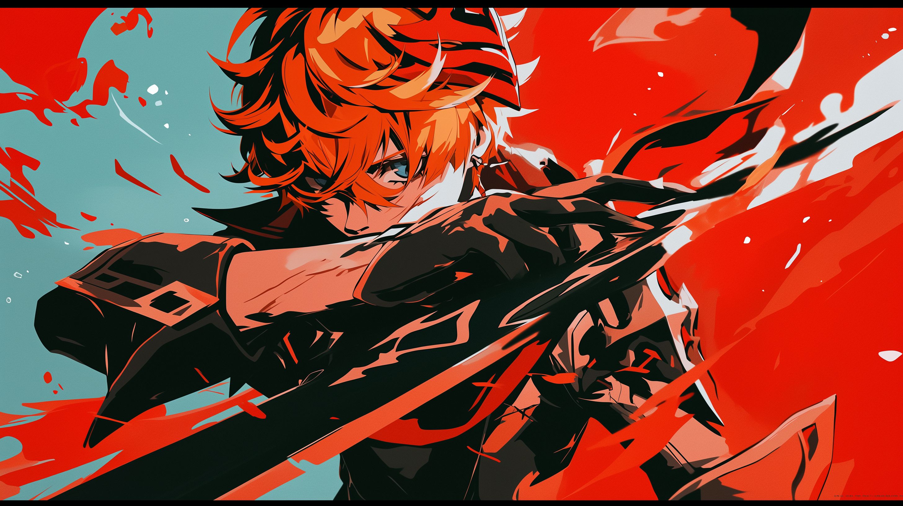 Prompt: Tartaglia from Genshin Impact, Persona 5 style, Short messy ginger hair with Ahoge that falls between the eyes, red diamond earing on right side, aged japanese vintage woodblock print style, vector, dynamic pose, thick white border, shades of red white and black --ar 16:9 --niji 6