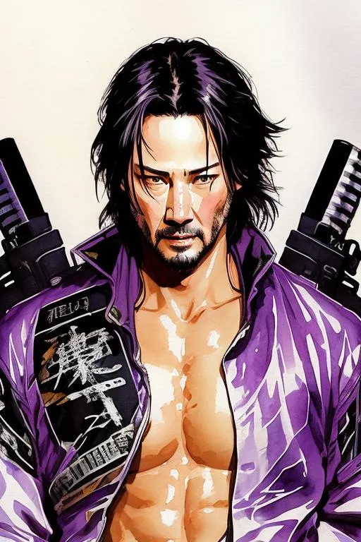 Prompt: (((Yoji Shinkawa))), sticker of ultra detailed portrait of Keanu Reeves as a samurai in purple. high quality cell shaded illustration in post apocalyptic style by Yoji Shinkawa, ((full body)), dynamic pose, perfect anatomy, centered, freedom, soul, black hair in ponytail, approach to perfection, cell shading, 4k , cinematic dramatic atmosphere, watercolor painting, global illumination, detailed and intricate environment, artstation, concept art, fluid and sharp focus, volumetric lighting, cinematic lighting, Art by Yoji Shinkawa,