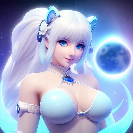 Prompt: Splash art of seductive feminine posing ethereal woman with ((lightblue side-parted bob hair)) and ((white eyes)) and soft round face and lips, ((translucent white skin)), blue magical moon aura, ((white and lightblue moon goddess mesh outfit)) with deep cleavage, kneehighs, ((cute shy smile)), look at camera, ethereal goddess aura, moon spirit, bokeh moon background, intricately detailed, perfect face, perfect body, perfect anatomy, hyperrealistic, sharp focus, epic fantasy, beauty, sensual feminine romance, 
professional, sensual feminine, unreal engine 8k octane, 3d lighting, UHD, HDR, 8K, render, HD, trending on artstation, front view, ((huge breast)), ((sexy))