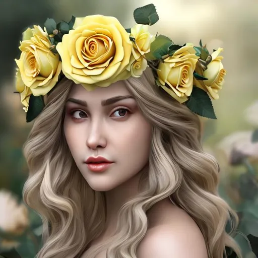 Prompt: Yellow rose queen hyper realistic face features hyper detailed small head crown
