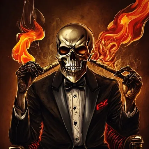 Prompt: scary skull in fire smoking cigar and sitting like a mafia boss with black suit and red tie and whiskey  and smoke is coming out from cigar but make a skull smaller 