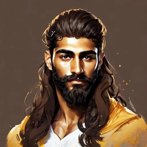 Prompt: handsome dark skin arab man long wavy brown hair gold eyes short beard