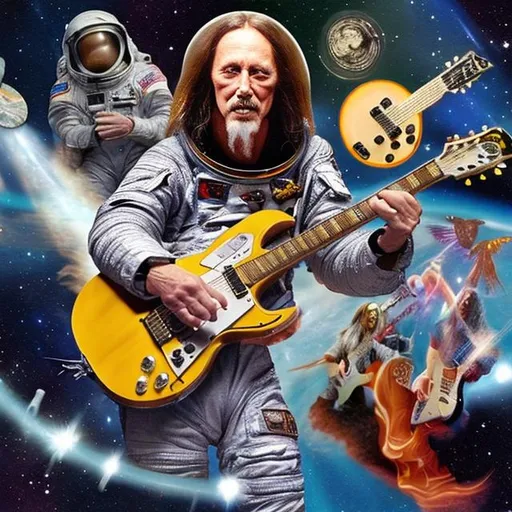 Prompt: actual photo of astronaut jesus playing guitar with all members of hawkwind, surprise me