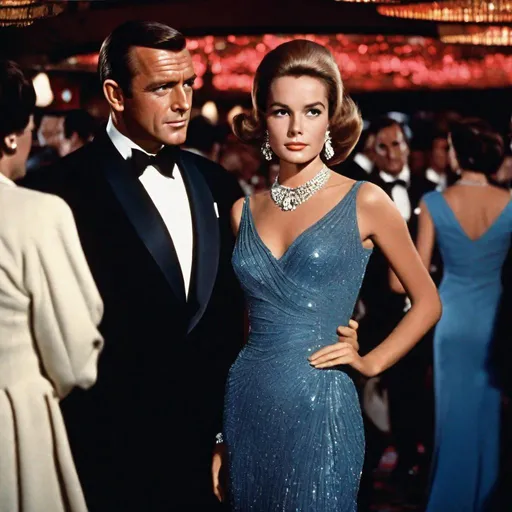 Prompt: Cinematic, vintage, Beautiful Diana Rigg|Grace Kelly age 35, perfect face, Long auburn hair, blue cocktail dress, curvy ample plump, standing with James Bond|Sean Connery in a crowded 1960s casino, elegantly dressed people, 8K photo, high detail, fill light