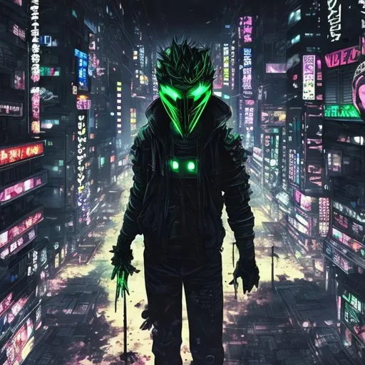 Prompt: Original villain. High IQ. Very Dark image with lots of shadows. Background partially destroyed neo Tokyo. Noir anime. Gritty. Dirty. Black with neon forest green accents. armour. Kenji mask. Bionic enhancements. 