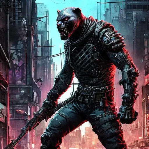 Prompt: Maniac assassin panther
. Full body. Imperfect, Gritty, Todd McFarlane style futuristic army-trained villain. Bloody. Hurt. Damaged. Accurate. realistic. evil eyes. Slow exposure. Detailed. Dirty. Dark and gritty. Post-apocalyptic Neo Tokyo .Futuristic. Shadows. Sinister. Armed. Fanatic. Intense. 