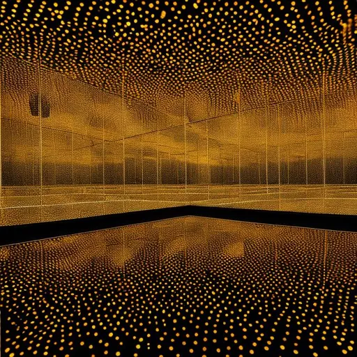 Prompt: view from center of Yayoi Kusama’s Infinity Mirror Room with gold lighting