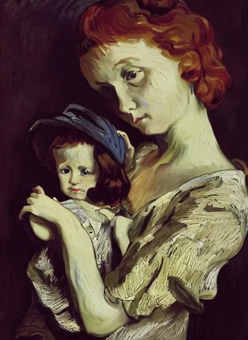 Prompt: Oil painting by Vincent VanGogh of mother and child