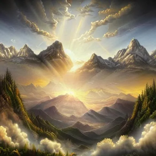 Prompt: highly detailed, heaven, angels, beautiful, mountains