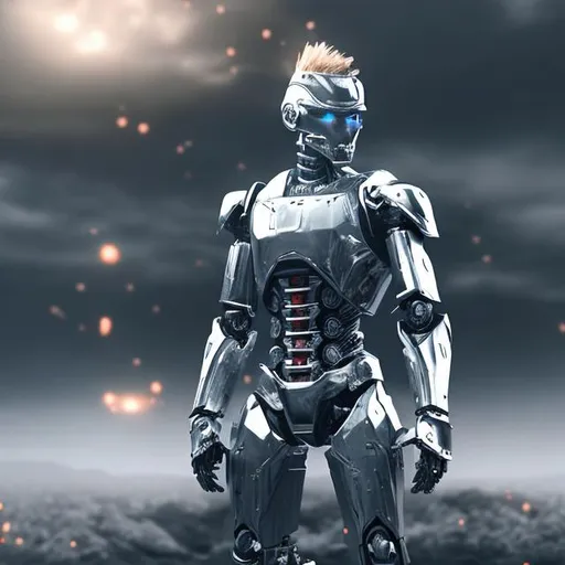 Prompt: a realistic male warrior AI robot with dramatic pose in blackscreen background