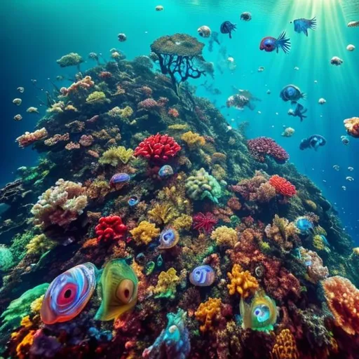 Prompt: Beautiful underwater view with viral reefs all around small fishes jelly fishes sunlight gradually entering into the water