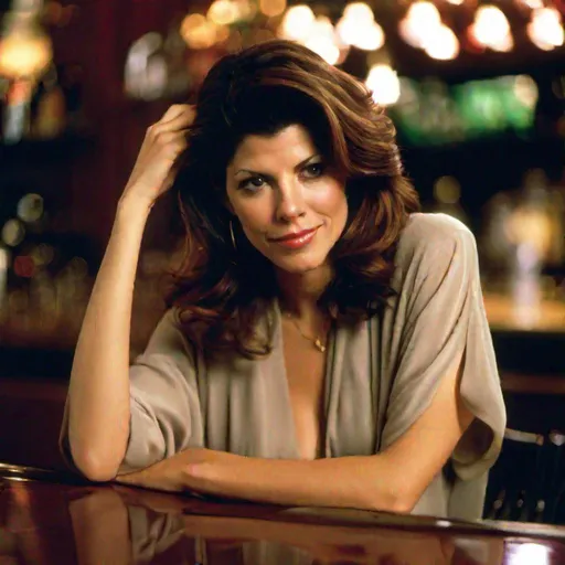 Prompt: 30 years old marisa tomei sit down alone on the both drunk wearing casual dress slightly revealing her bra in the bar  with sad face 