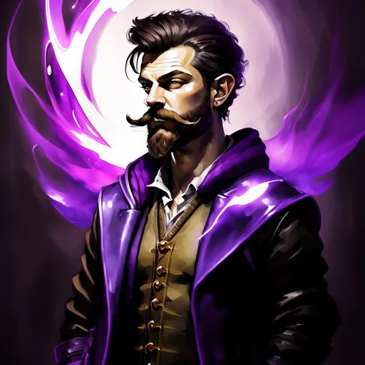 Prompt: concept portrait of a quirky fantasy gnome, pale skin, dark brown hair, tidy well-kept hair, very long handlebar mustache, thin soul-patch, Dungeons and dragons, bright eyes, in the style of an oil painting, weak colors, dreamy, short figure, a little squat, 

 ornate purple fantasy wizard robes, purple glowing magical sparks flying, 

background ruins like league of legends shadow isles, 

dynamic light, in watercolor style,