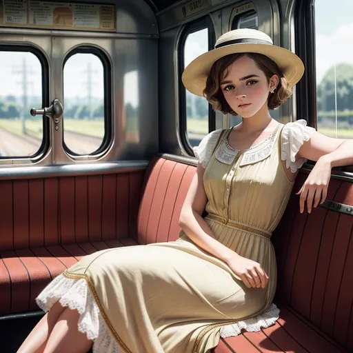 Prompt: old time photo of young emma Watson, dressed with 1920s very short hair, wearing a summer hat, long, flowing, spring dress, sitting on train, raw photo, photorealistic, High Detail, dramatic, UHD, HDR raw photo, realistic, sharp focus, 8K high definition, insanely detailed, intricate, high quality, 